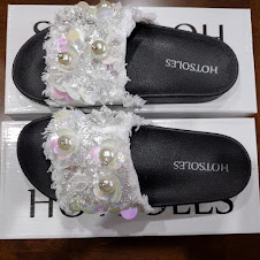 HOTSOLES Women's Flat Slides Denim Band w/Ornaments